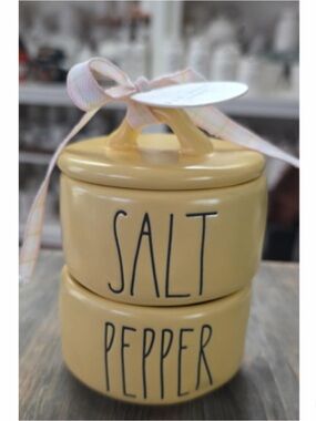 NEW Rae Dunn Pastel Yellow Salt and Pepper Cellar Stacker Ceramic